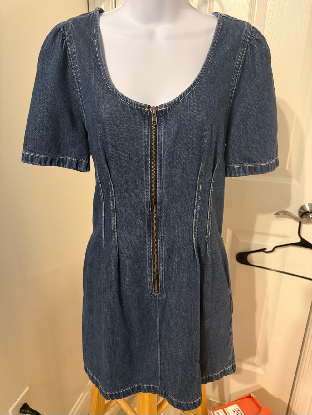 Madewell Denim Mini Dress Size 10 Zip Front Corset Puff Sleeve Jean Dress